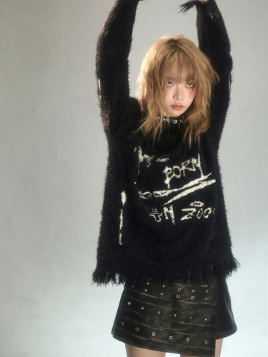 Romantic punk graffiti jacquard mink lazy pullover sweater niche design autumn and winter