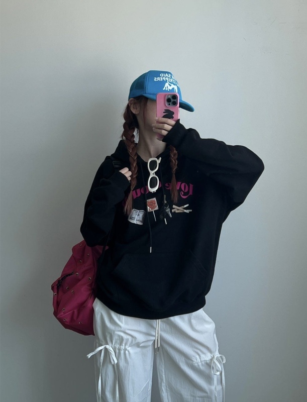 Sakura Madou Korean style ins retro fun picture printed hooded sweatshirt couple loose plus velvet casual top for women