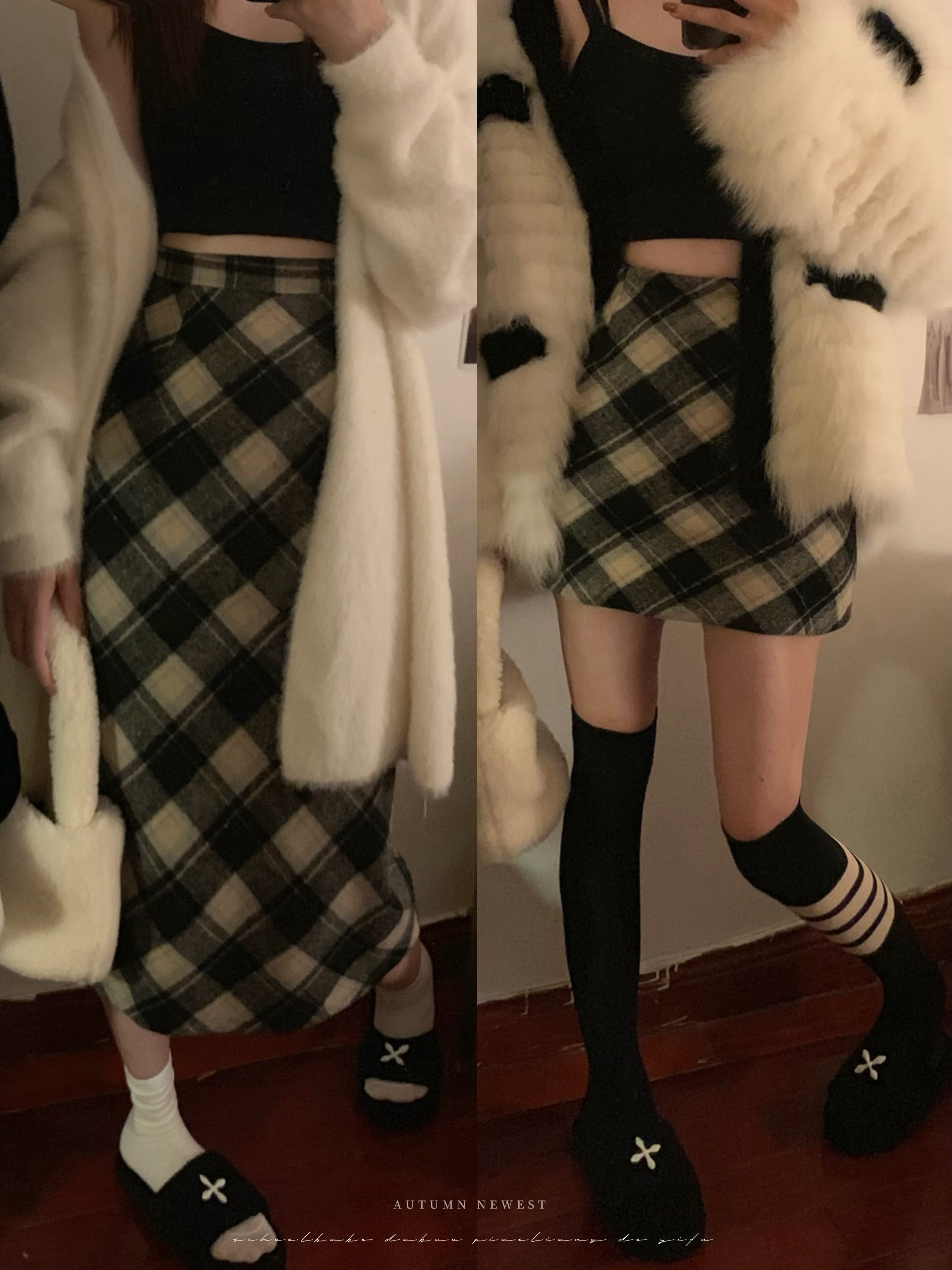 Real shot of red retro plaid woolen skirt for women in autumn and winter hot girl temperament high waist A-line hip skirt