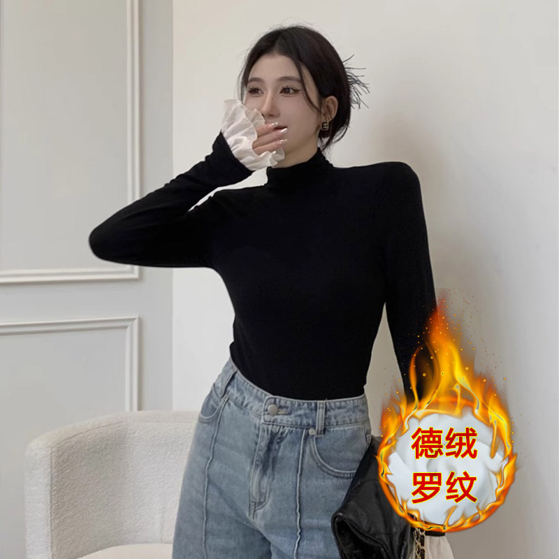德絨羅紋內搭高領保暖打底衫女長袖秋冬拼接T恤上衣