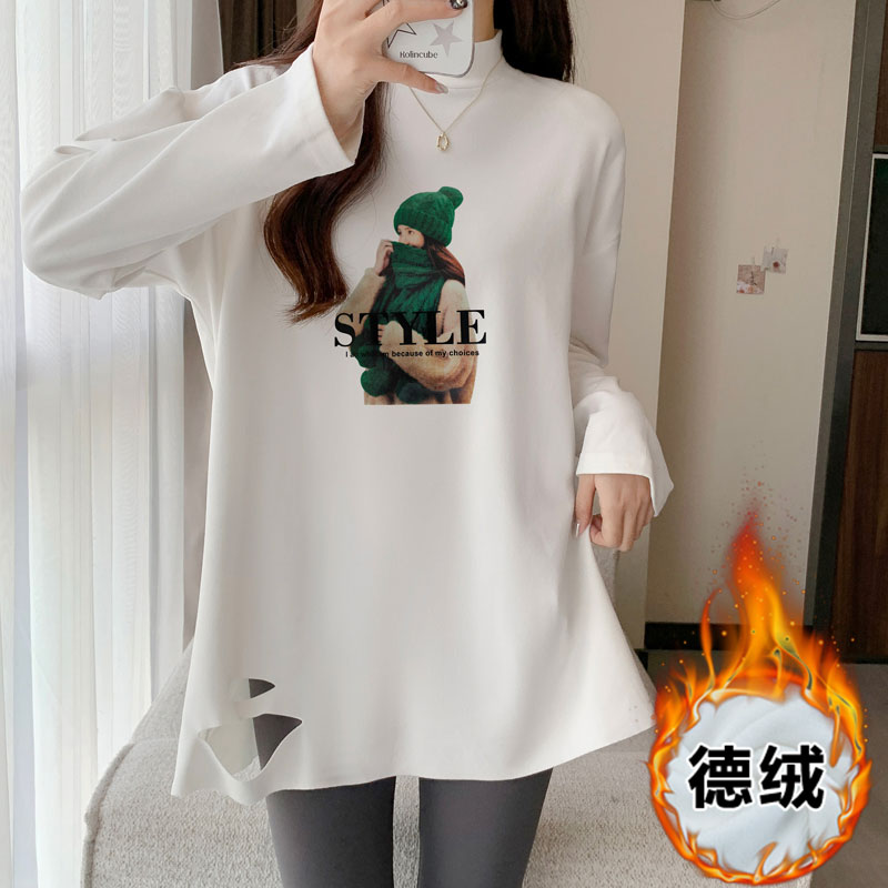 實拍秋冬半高領德絨打底衫女中長款長袖t恤洋氣寬鬆印花上衣