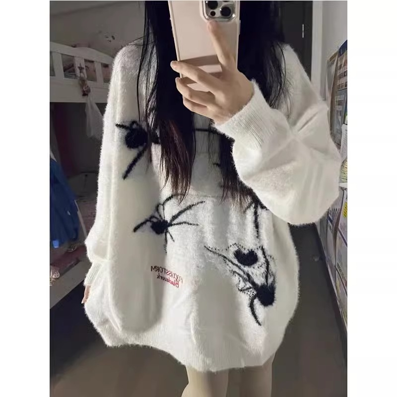 Imitation mink quality 2023 autumn and winter college style sweet and cool spider round neck pullover sweater for women