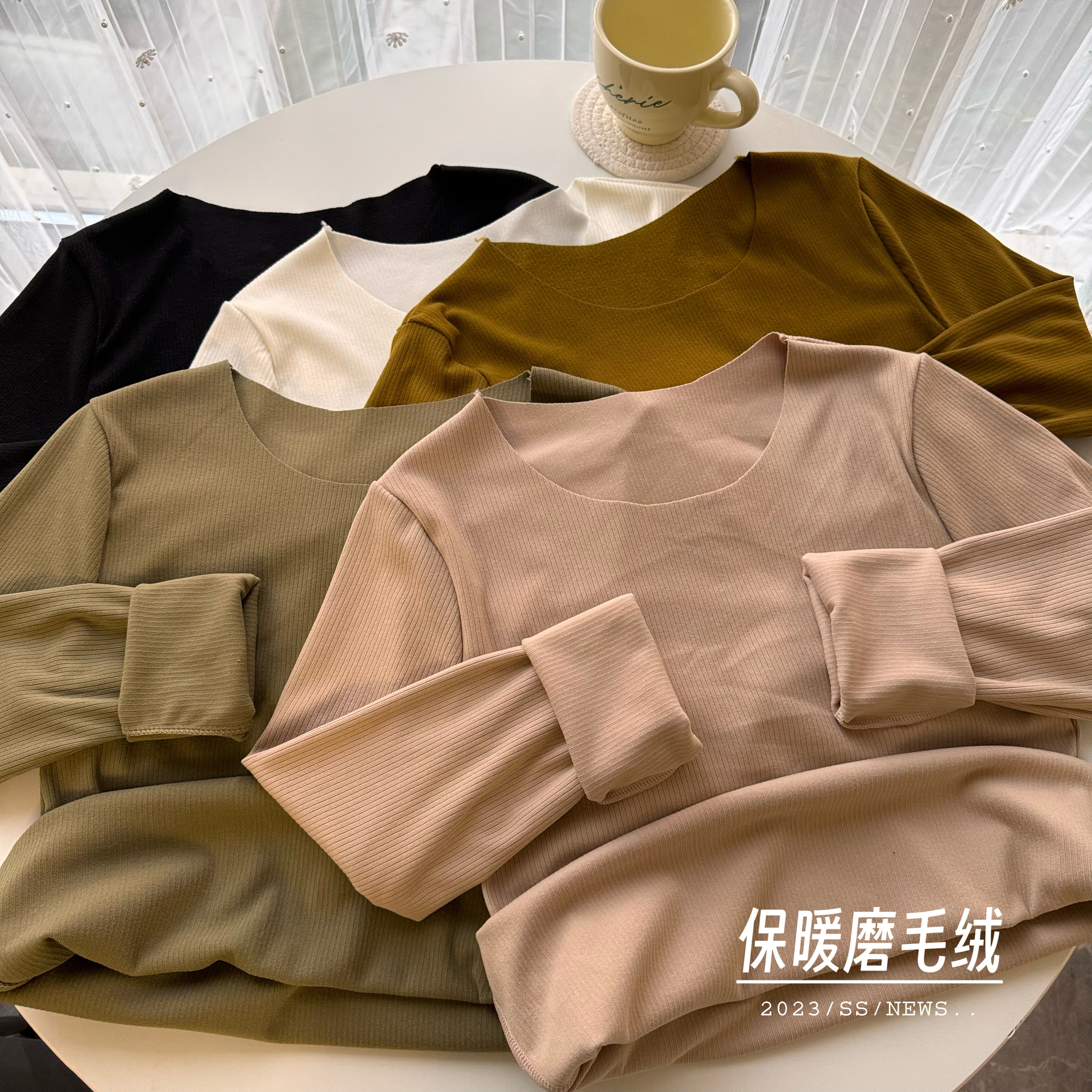 Real shot of warm winter thickened plush round neck solid color inner layering shirt slim long-sleeved top for women