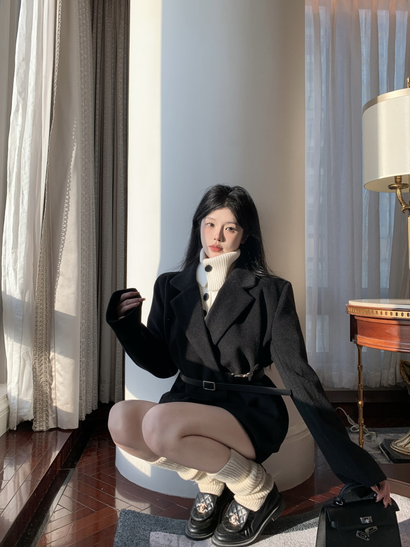 實拍~矜貴千金黑色加厚毛呢假兩件西裝套裝女高腰短褲