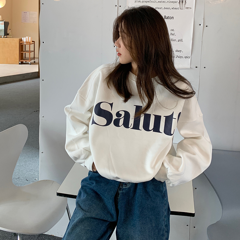 Actual shot of letter plus velvet sweatshirt autumn and winter new quality round neck contrasting letter printing versatile long-sleeved pullover sweatshirt for women