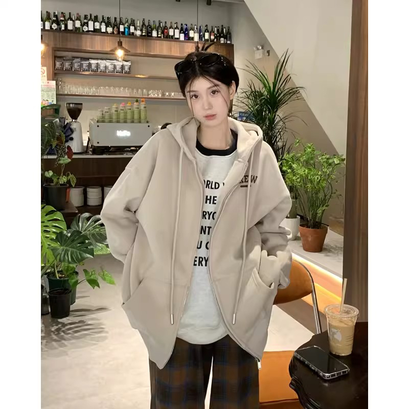 Embroidered hooded composite sweatshirt for women in autumn and winter plus velvet and thickened loose bf lazy style casual jacket trend