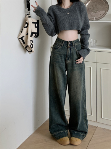 Actual shot of new autumn loose-fitting high-waisted two-button wide-leg slim jeans for women