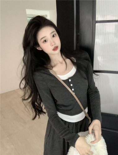 Real shot~Autumn and winter suit thickened brushed fake two-piece long-sleeved T-shirt top + narrow leg casual trousers