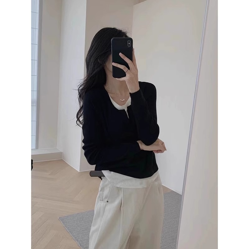Irregular black fake two-piece v-neck inner bottoming shirt for women in autumn and winter Yiwu slim sweater long-sleeved sweater
