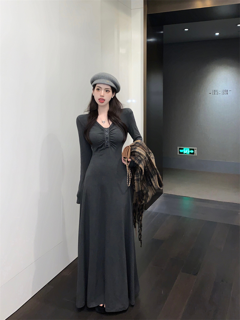 實拍 韓版腰顯瘦褶皺打底時尚中長款單排扣過膝純色連衣裙