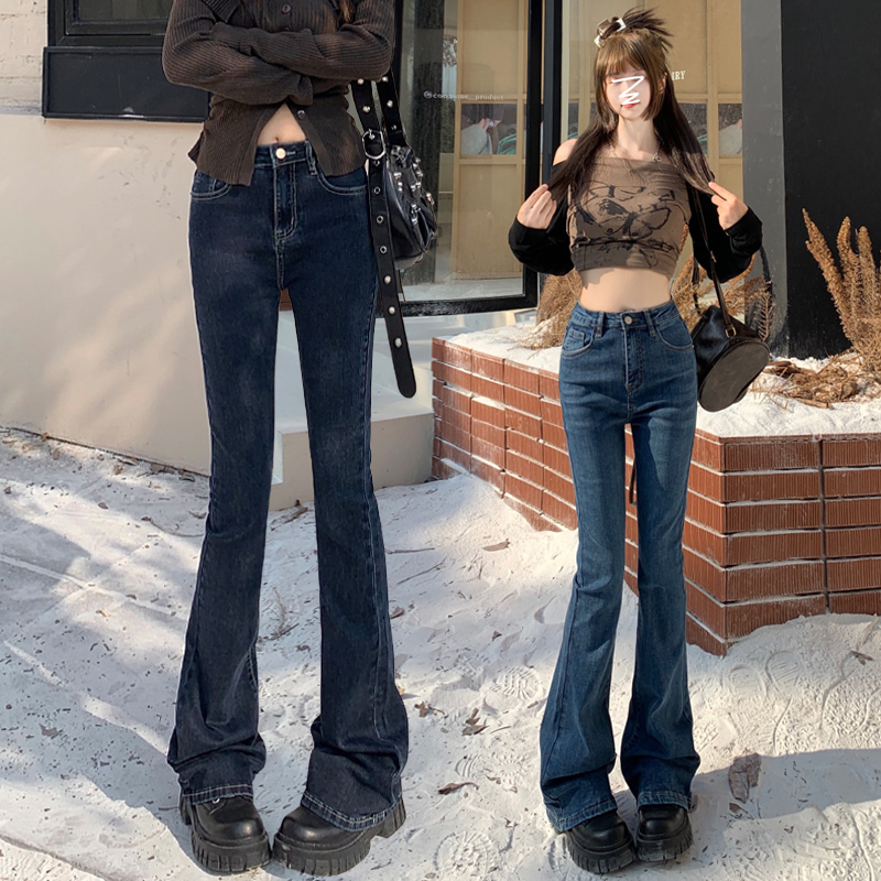 實拍2023秋季時尚高腰新款微喇牛仔褲女顯瘦彈力馬蹄拖地褲