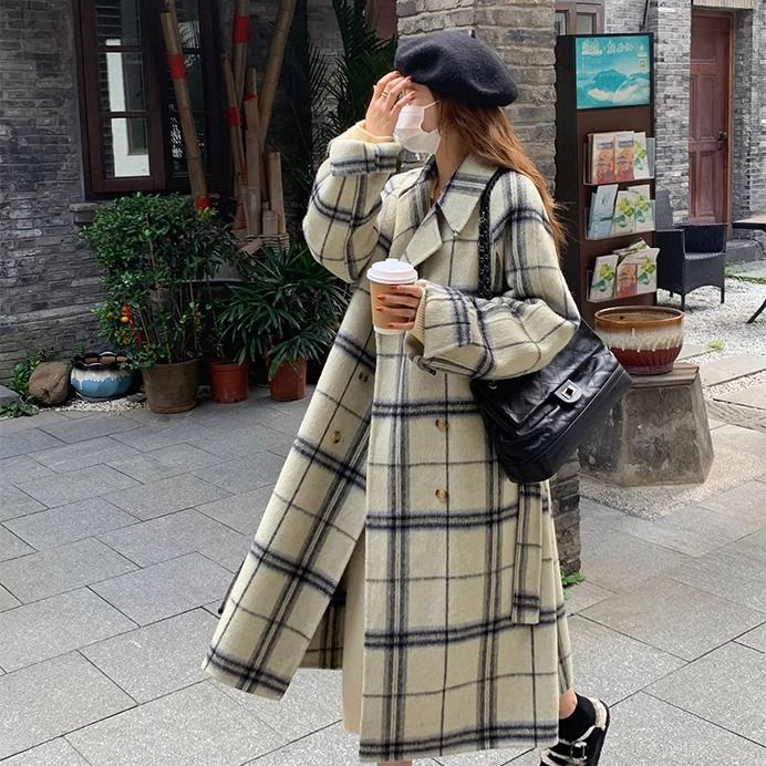 韓版格紋毛呢外套女2023秋冬新款時尚氣質高級感寬鬆呢子大衣