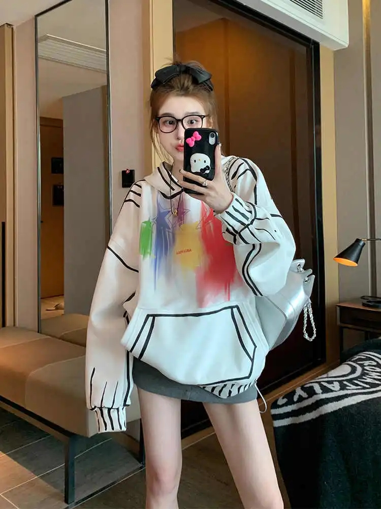 美式復古白色連帽套頭衛衣女春秋季oversize寬鬆帽衫加絨加厚上衣