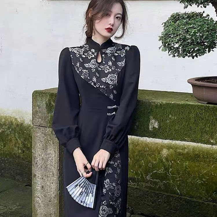 原版提花布+拉鏈復古長袖連衣裙女法式2023春新款別致玫瑰提花