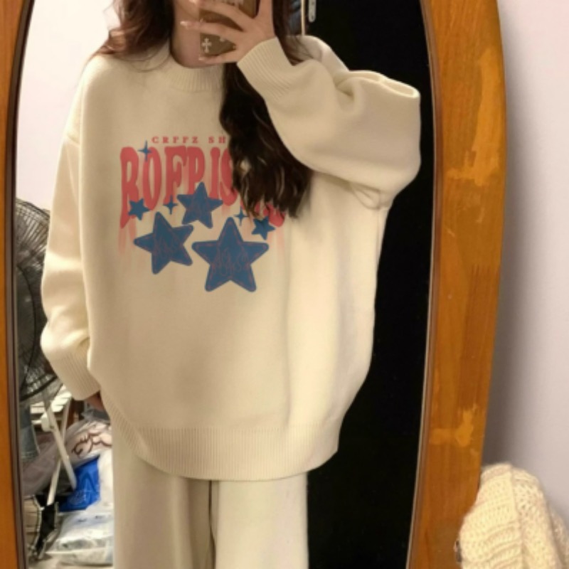 慵懶風套頭毛衣女秋冬圓領寬鬆外穿軟糯奶fufu小星星oversize上衣