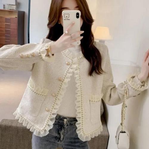 Autumn and winter retro mesh splicing tweed top lady's small fragrance style short jacket M-4XL 200 pounds