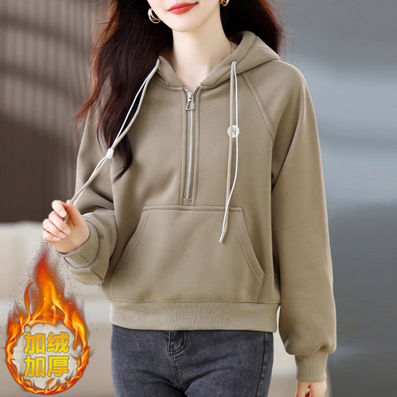 Official photo velvet hooded short casual sports sweatshirt for women 2023 autumn and winter top coat thickened half-zip