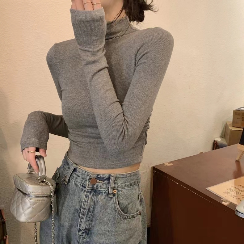 Design niche new solid color T-shirt women's half turtleneck bottoming shirt women's spring, autumn and winter inner short top ins trend