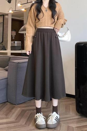 Actual shot of 2023 autumn and winter elastic waist, versatile, slimming and hip-covering mid-length A-line woolen skirt with big swing and umbrella skirt