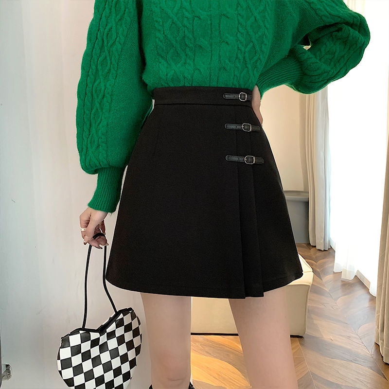 Woolen skirt women's winter design niche black high-waisted A-line skirt winter with sweater hip skirt