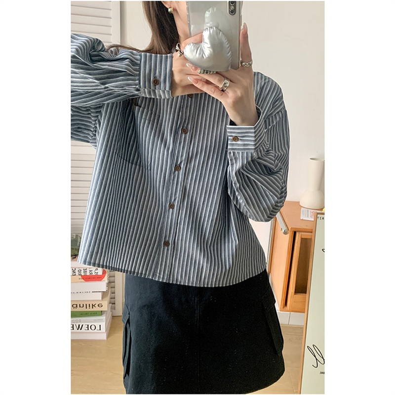 UVPU 藏青色條紋襯衫女2023秋顯瘦條紋襯衫韓版休閒百搭寬鬆上衣