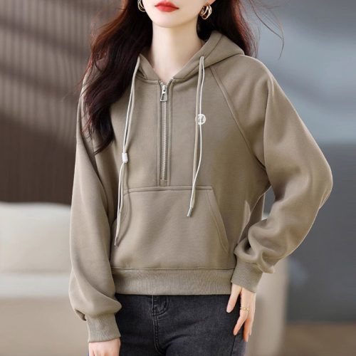 Official photo velvet hooded short casual sports sweatshirt for women  autumn and winter top coat thickened half-zip