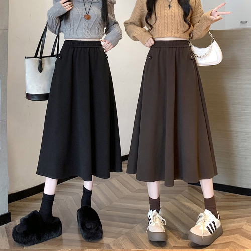 Actual shot of 2023 autumn and winter elastic waist, versatile, slimming and hip-covering mid-length A-line woolen skirt with big swing and umbrella skirt