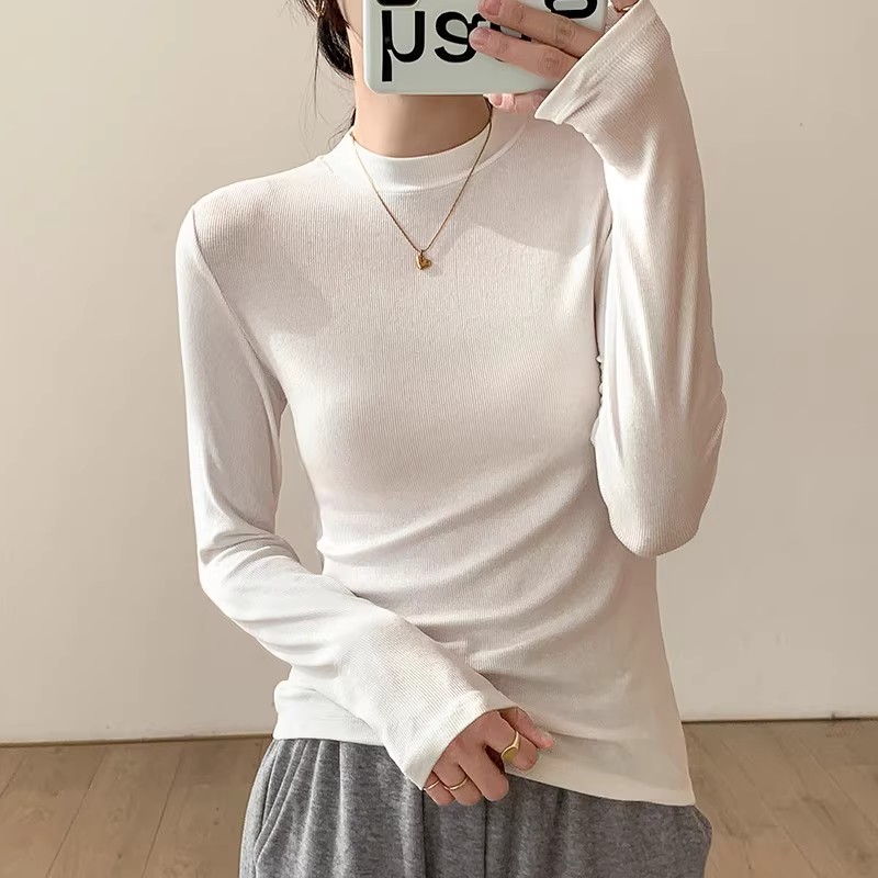 2023秋冬新款歐貨時尚螺紋半高領長袖打底衫女面膜T細螺紋上衣女