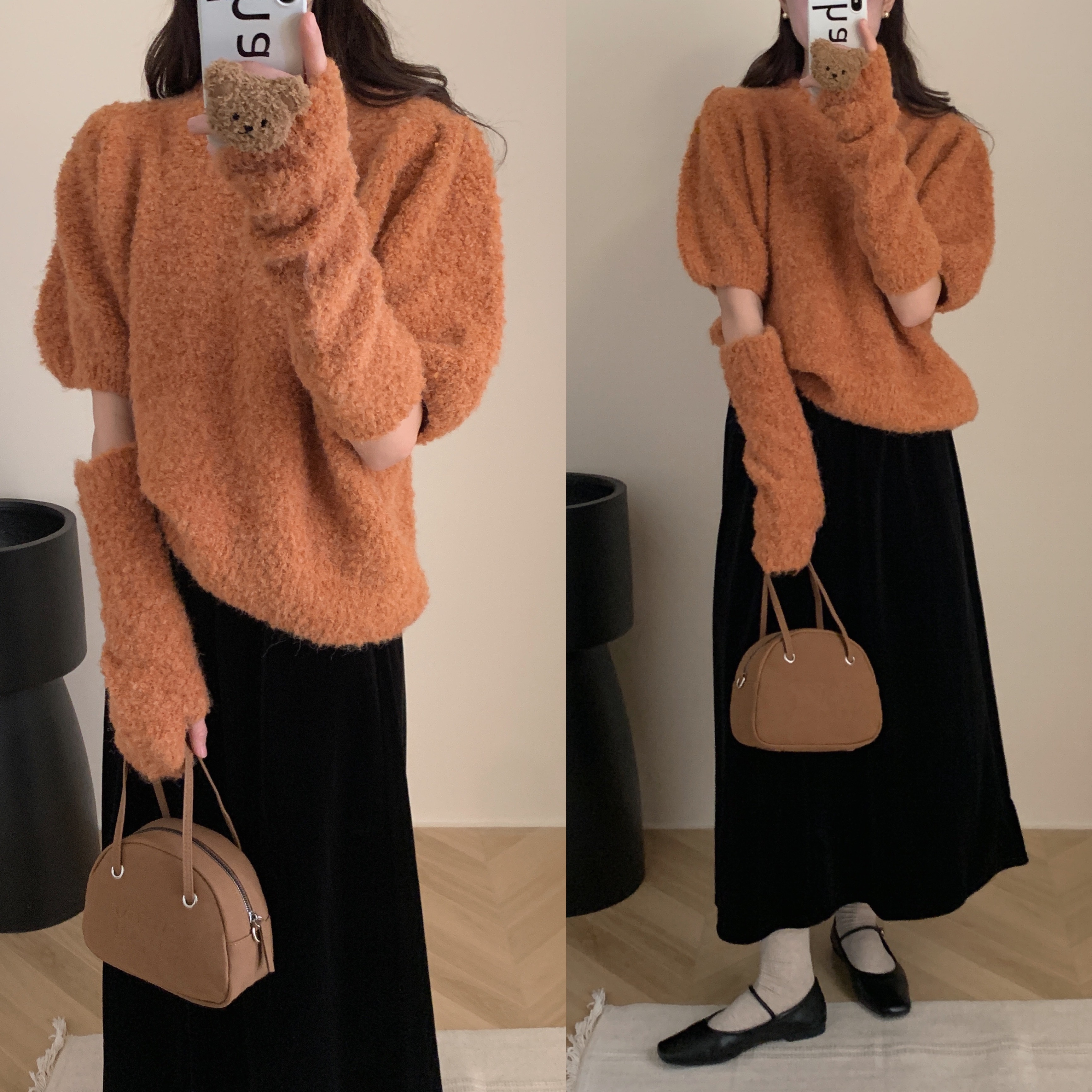 Actual shot of warm sleeves, loose pullover sweater vs velvet skirt suit