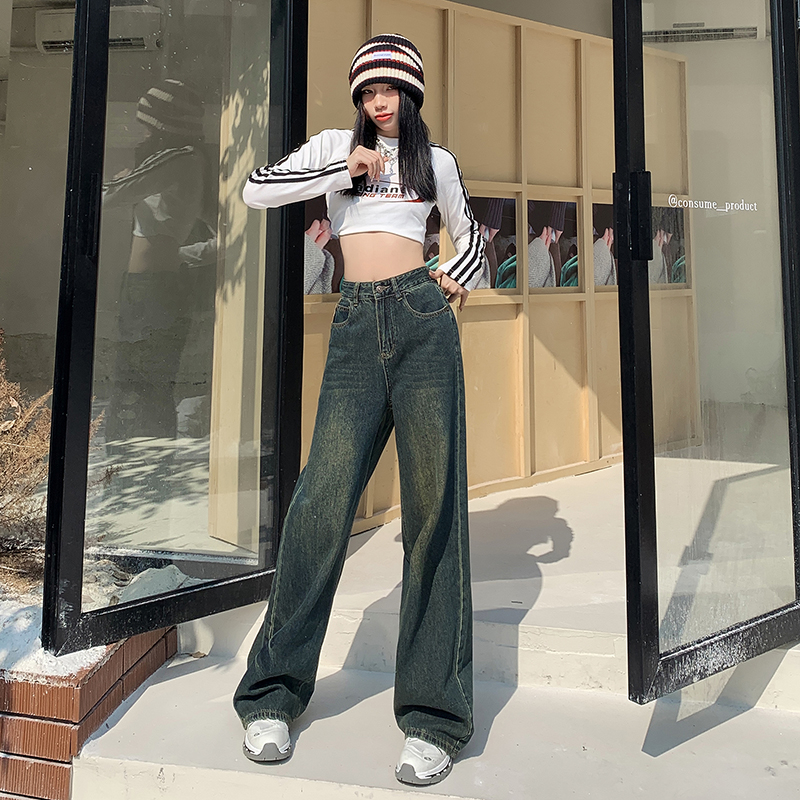 實拍2023秋季時尚潮流新款高腰直筒牛仔褲女顯瘦寬鬆闊腿長褲