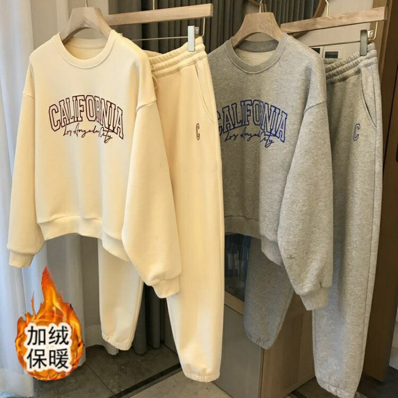Thick velvet casual sports suit women's autumn and winter new fashion loose printed sweatshirt two-piece set