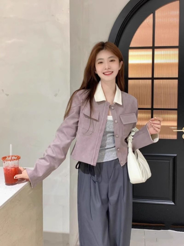 Contrast color lapel imitation buckskin long-sleeved jacket for women autumn  new fashion high-end temperament jacket top