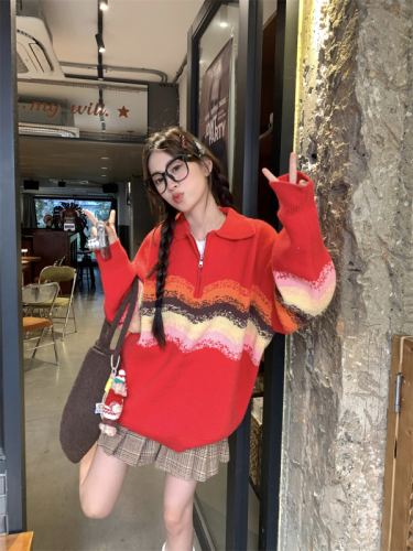 Real shot American retro Christmas striped sweater women's autumn and winter lazy loose knitted jacket for couples