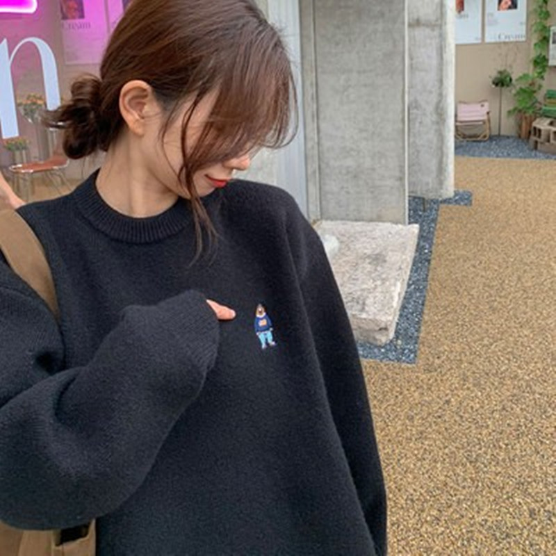 小熊刺繡寬鬆加厚毛衣女套頭冬季針織衫線衣日系小個子多色打底衫