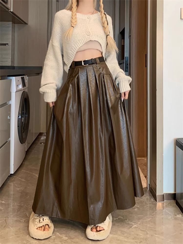 Maillard Leather Skirt Women's Autumn and Winter 2023 New Retro High Waist Slim Pleat A-Line Large Hem Skirt Half-length Skirt