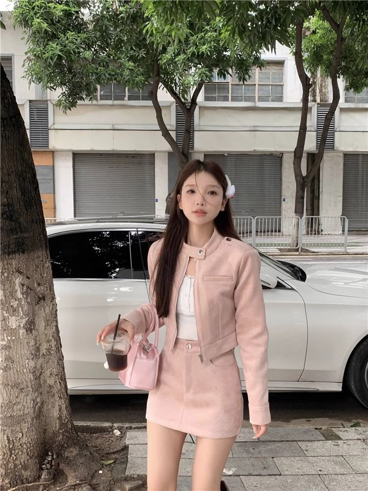 麂皮絨純欲短款設計感長袖外套半身短裙女秋冬2023新款時尚兩件套
