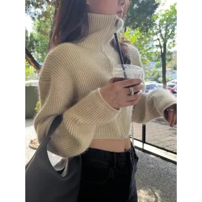 短款拉鏈高領毛衣外套女春秋純色通勤寬鬆長袖慵懶高級感針織上衣