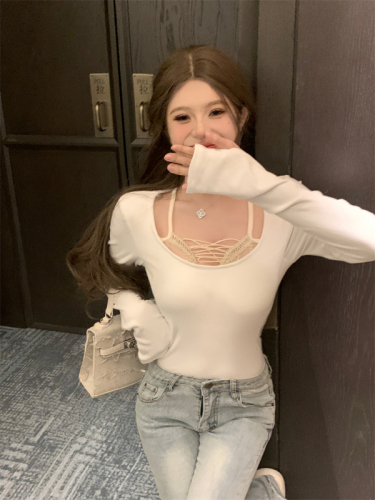 Actual shot of Tencel protein cotton autumn and winter slim fit pure desire inner layering top T-shirt with built-in breast pads