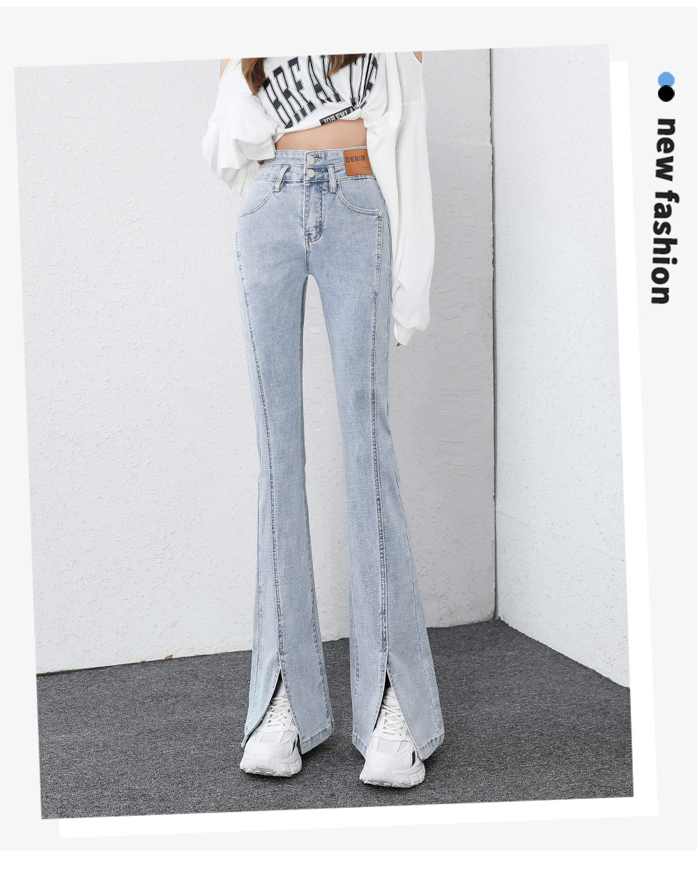 Micro-flared jeans for women, high-waisted, light blue, 2023 spring and summer new style, slit, wide legs, slim, fashionable, slim and tall