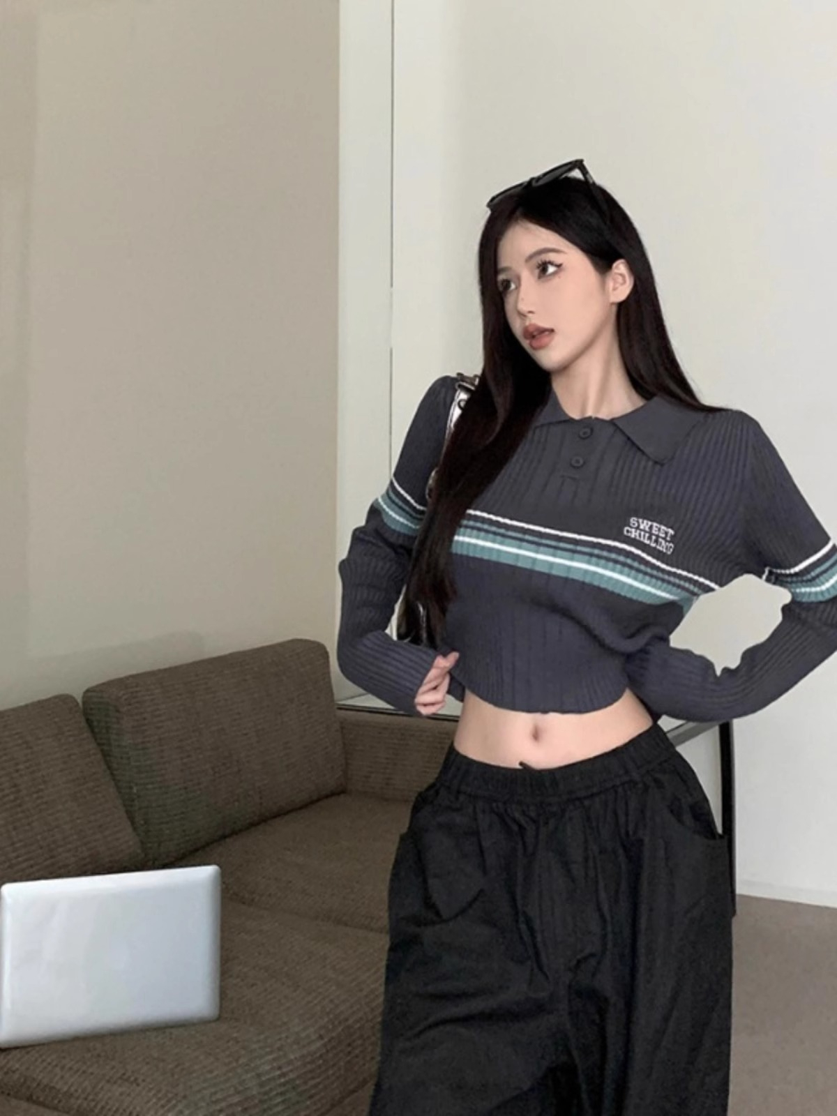 美式復古修身短款別致上衣polo領針織條紋打底衫女設計感小眾長袖