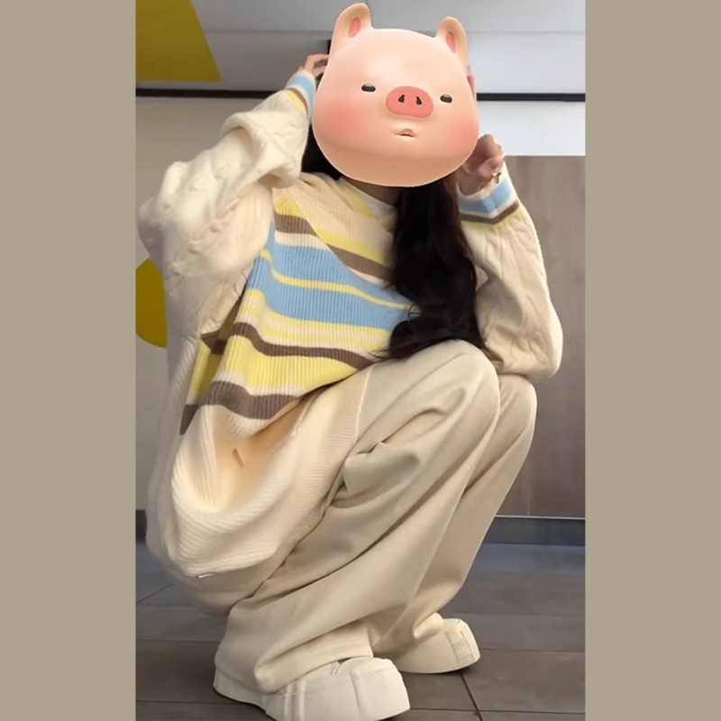 綿羊絨質量日系學院風彩虹條紋慵懶風連帽毛衣女