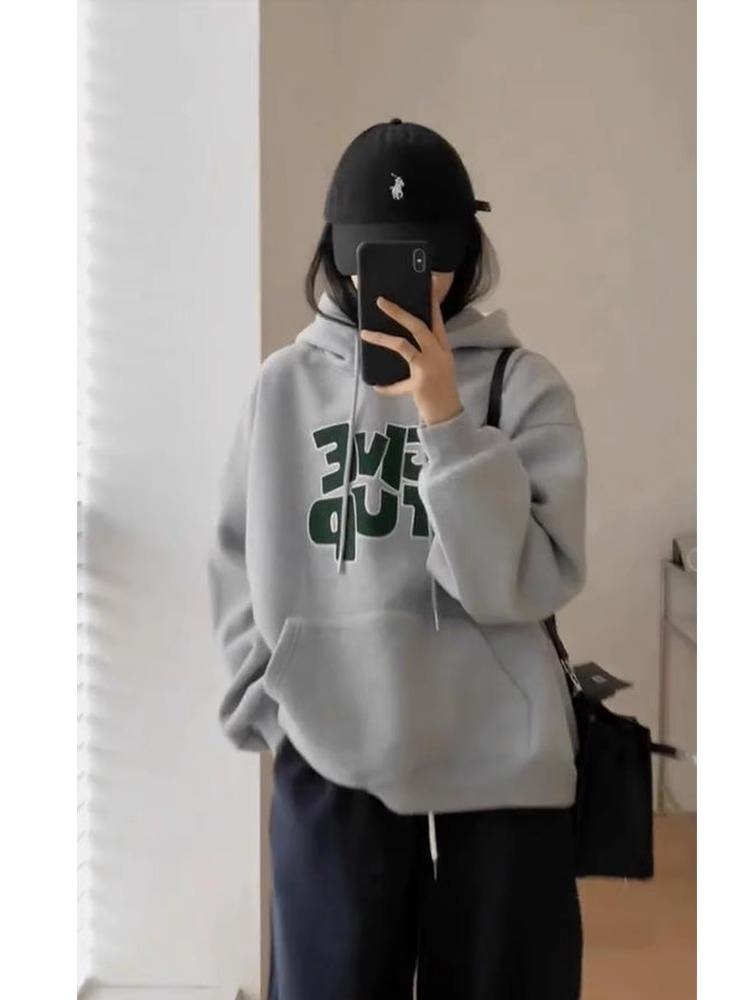 灰色連帽衛衣女秋冬加絨2023新款高級設計感小眾小個子中長款上衣