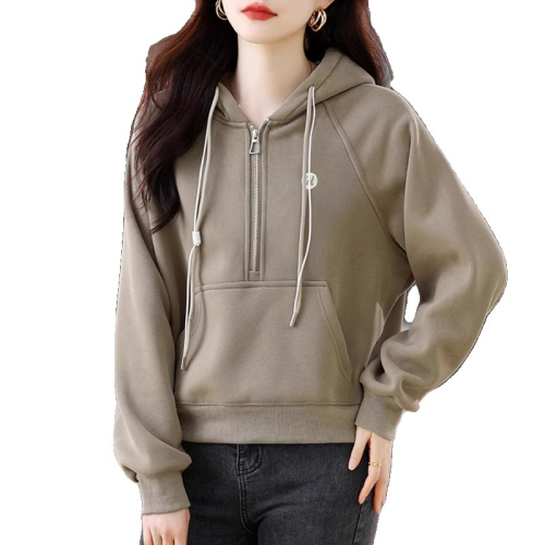 Official photo velvet hooded short casual sports sweatshirt for women  autumn and winter top coat thickened half-zip