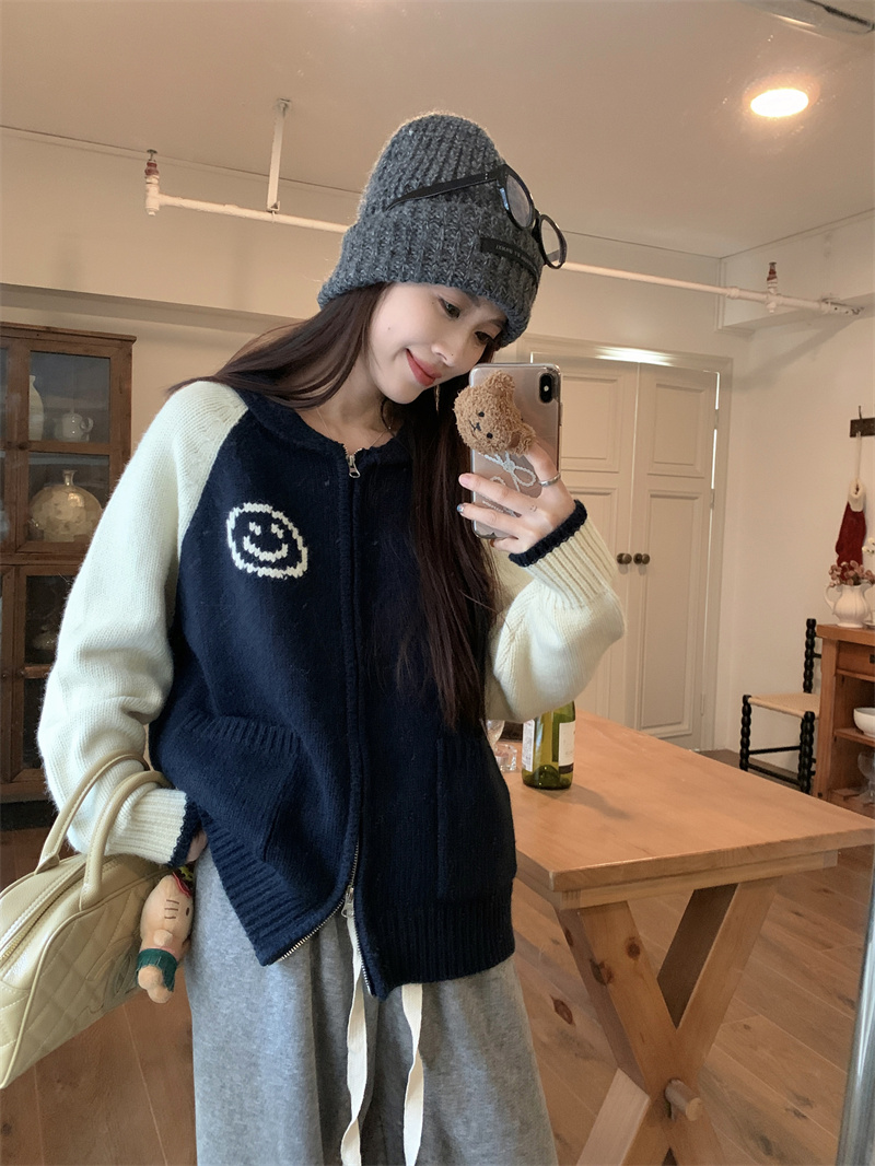 實拍 小翻領笑臉粗針雙拉鏈毛衣外套女冬季撞色加厚針織開衫