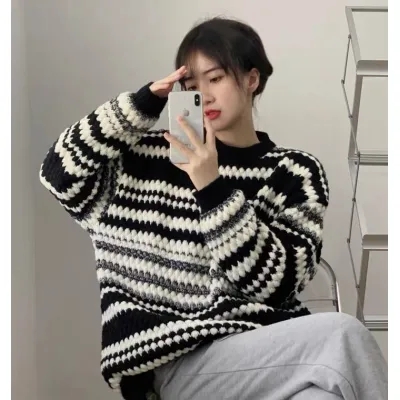 2023新款條紋套頭大毛衣女秋冬寬鬆外穿oversize慵懶風上衣中長款