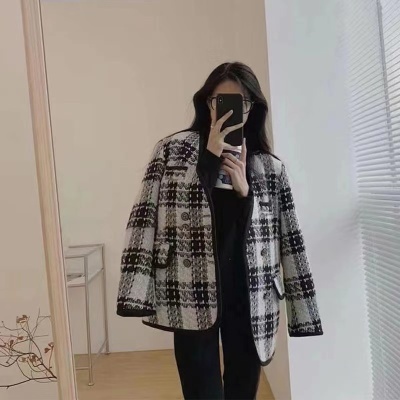 French high-end winter clothing, super nice-looking plus velvet and thickened tweed plaid jacket, small fragrance style M-4XL 200 pounds