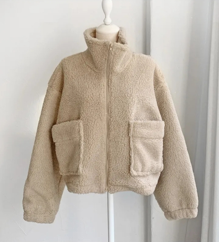 Korean chic autumn and winter new retro half-high collar zippered large pocket versatile thickened warm lamb wool jacket