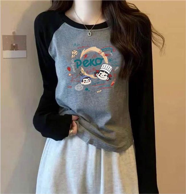 美式長袖t恤女歐貨早秋新款女裝打底衫內搭印花插肩袖甜辣小上衣