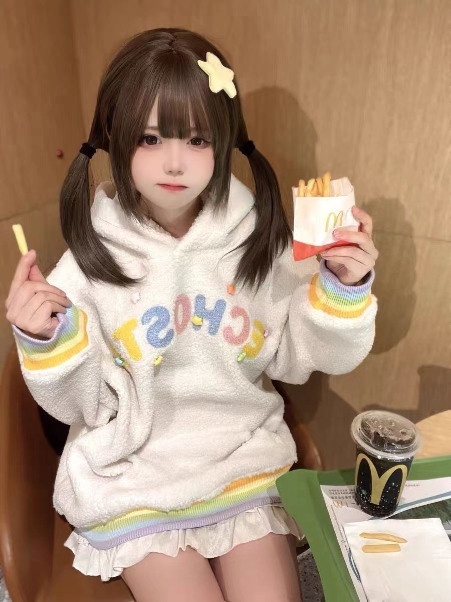 顆粒羊羔絨複合貝貝絨450克 毛巾繡多巴胺甜美羊羔絨衛衣女