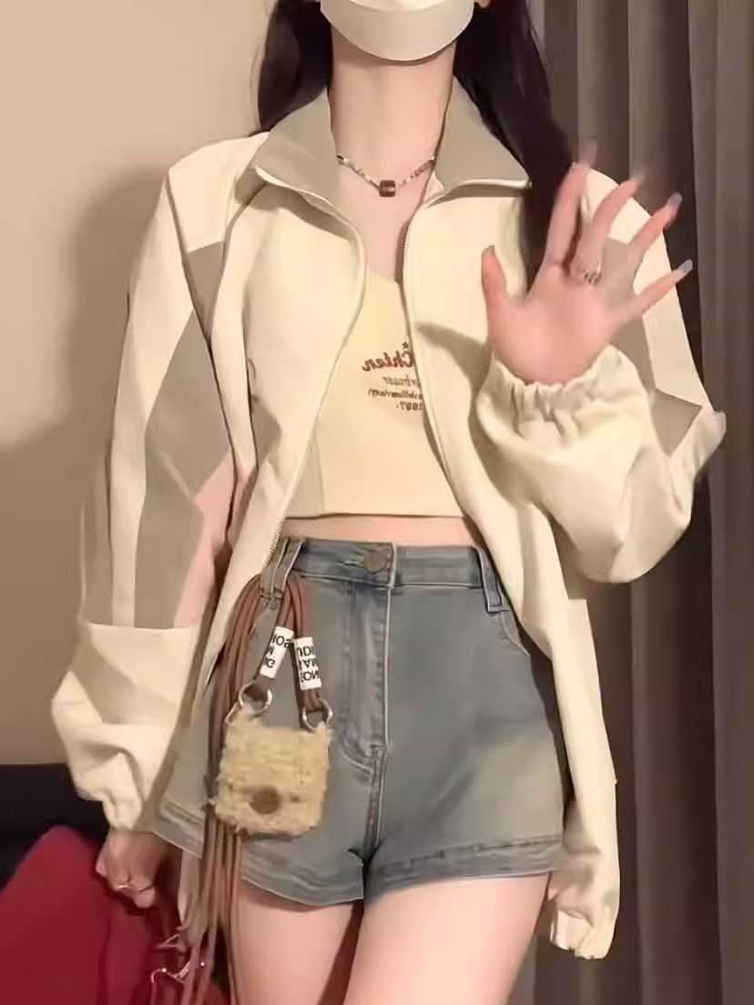 小牛津拼色飛行符翻領上衣女韓版chic寬鬆街頭潮流百搭